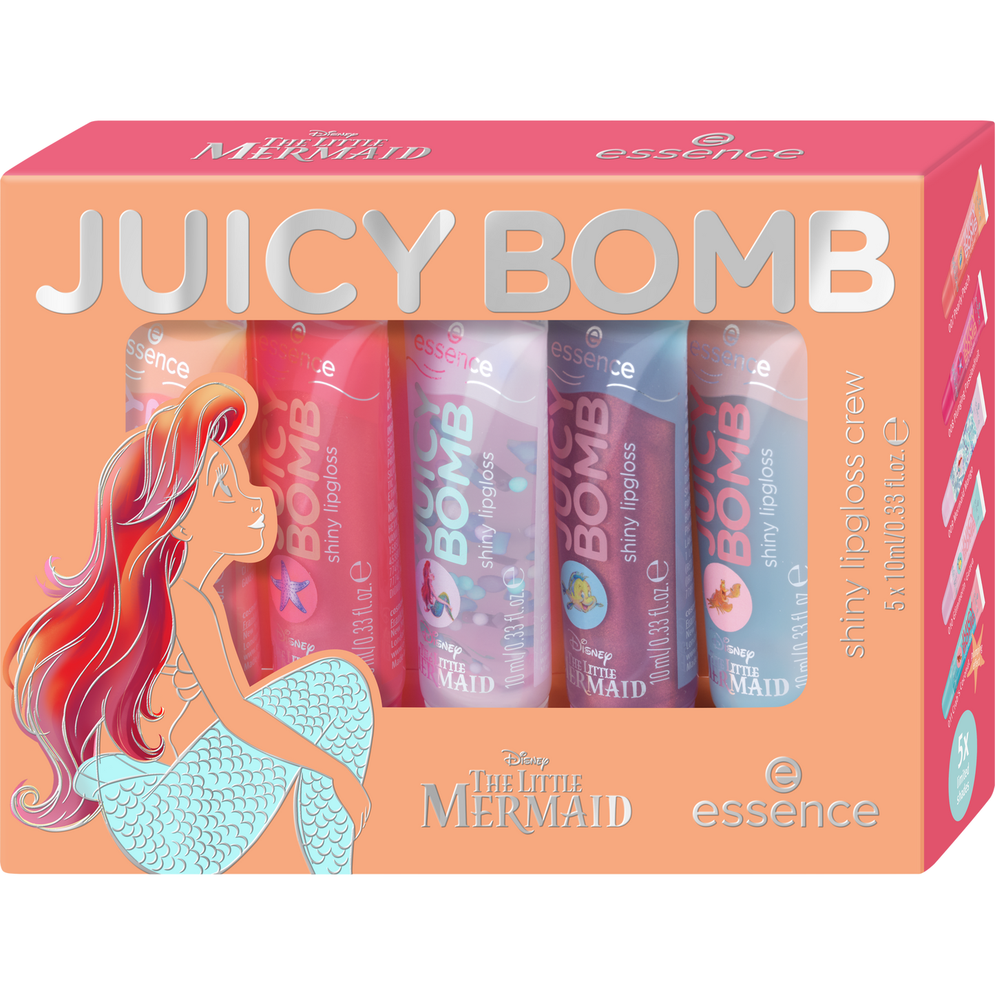 essence Disney THE LITTLE MERMAID JUICY BOMB huulikiiltosetti shimmer sävyillä