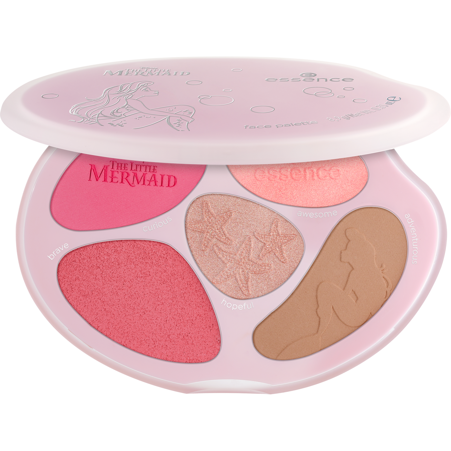 essence Disney THE LITTLE MERMAID face palette highlighter aurinkopuuteri ja poskipuna samassa paletissa